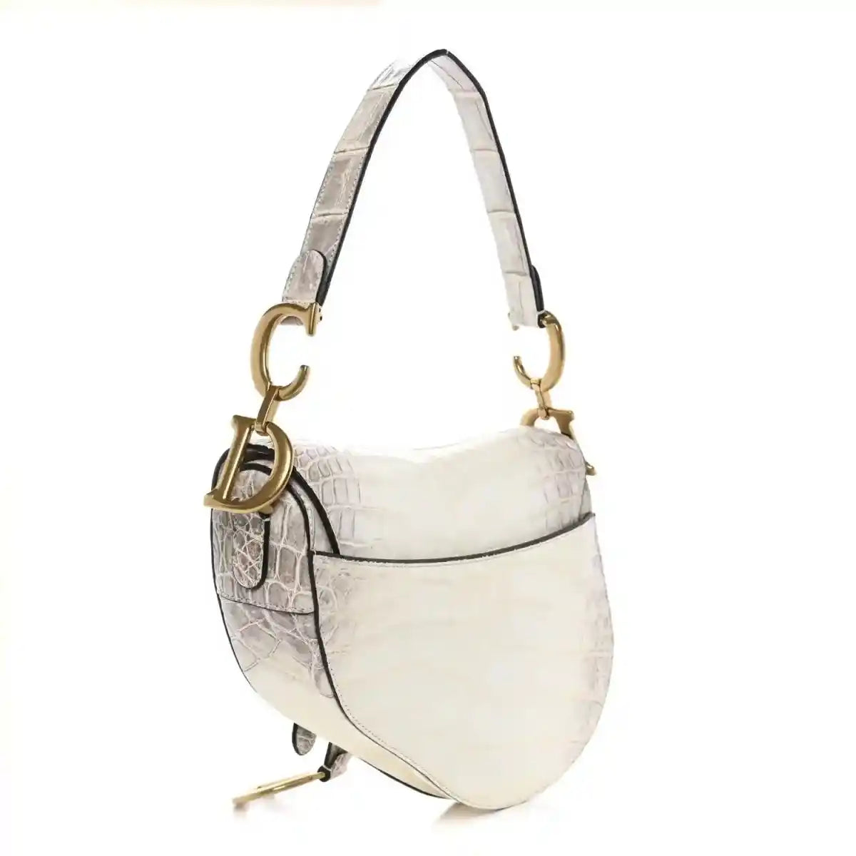 Small white croc-embossed leather saddle bag with gold rings and shoulder strap