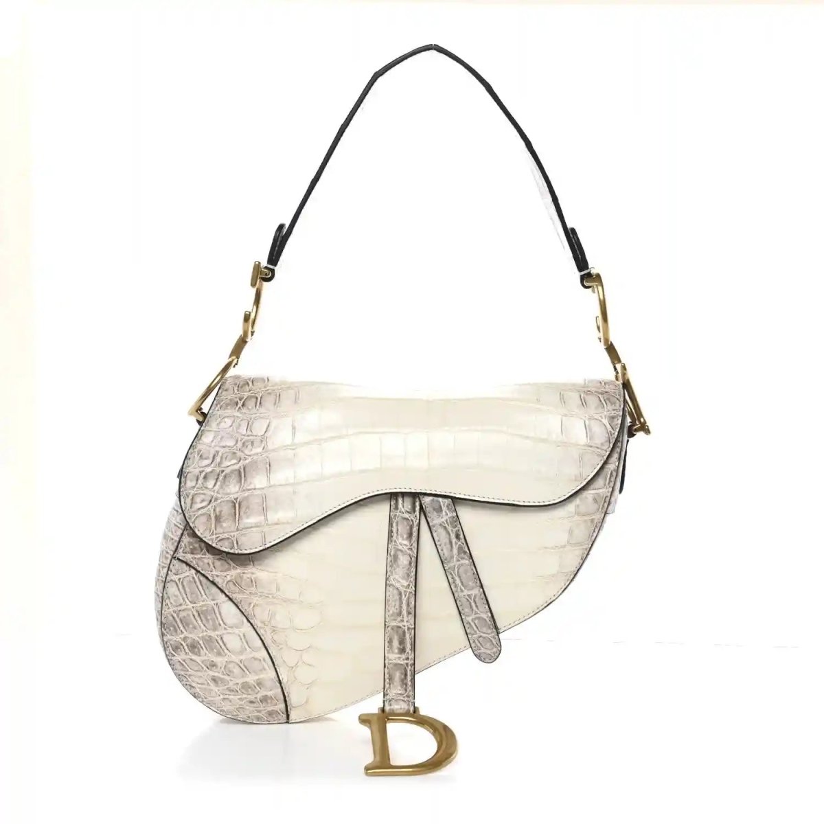 Latte white croc-embossed leather saddle bag with gold-tone hardware and crossbody strap