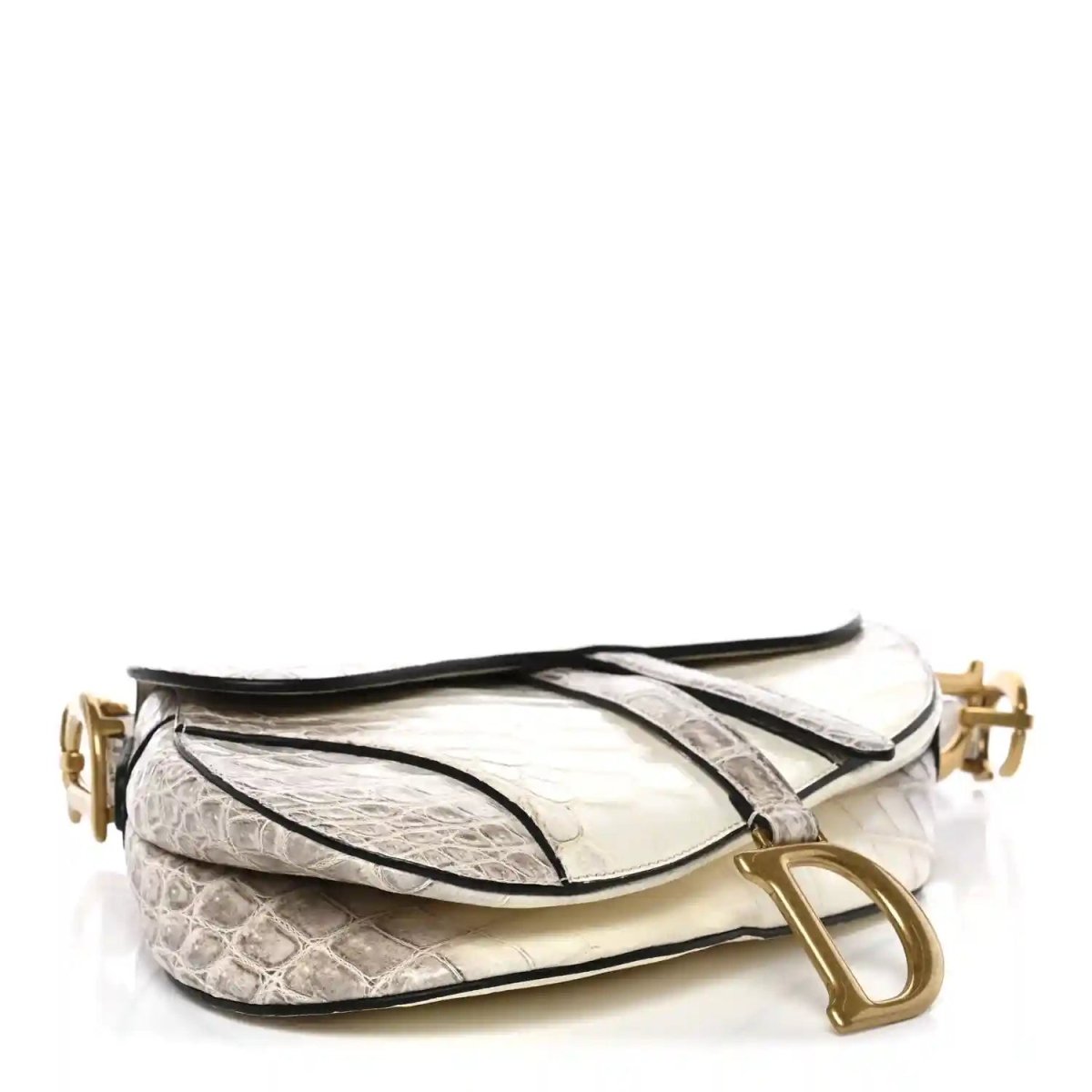 White croc-embossed leather saddle bag with black top handle strap and gold hardware
