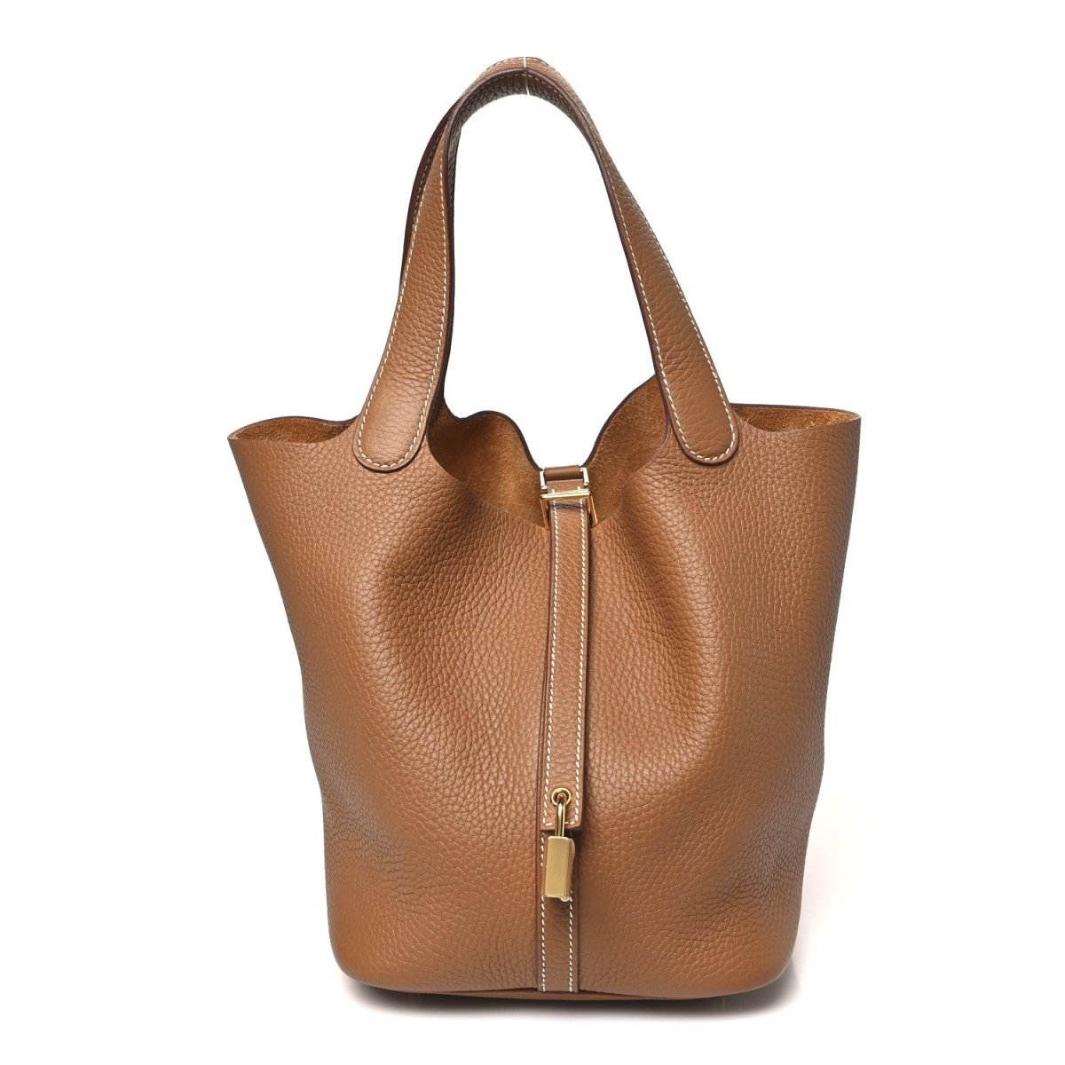 Calfskin leather tote with top handles and vertical lock strap, gold hardware