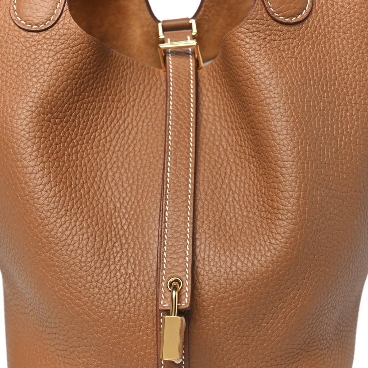 Calfskin leather tote lock strap with gold clasp and hanging hardware