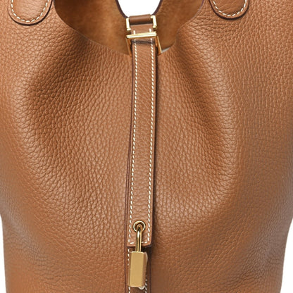 Calfskin leather tote lock strap with gold clasp and hanging hardware