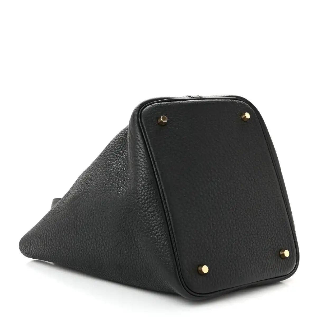 Black pebbled leather tote handbag with gold-tone corner studs and angled shape.
