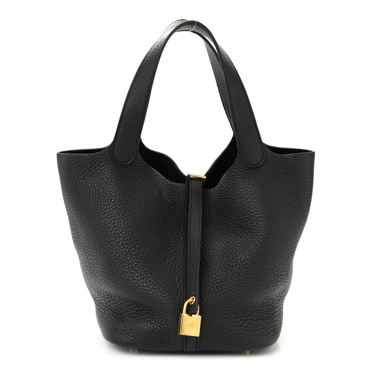 Black pebbled leather tote handbag with gold-tone lock and short handles.