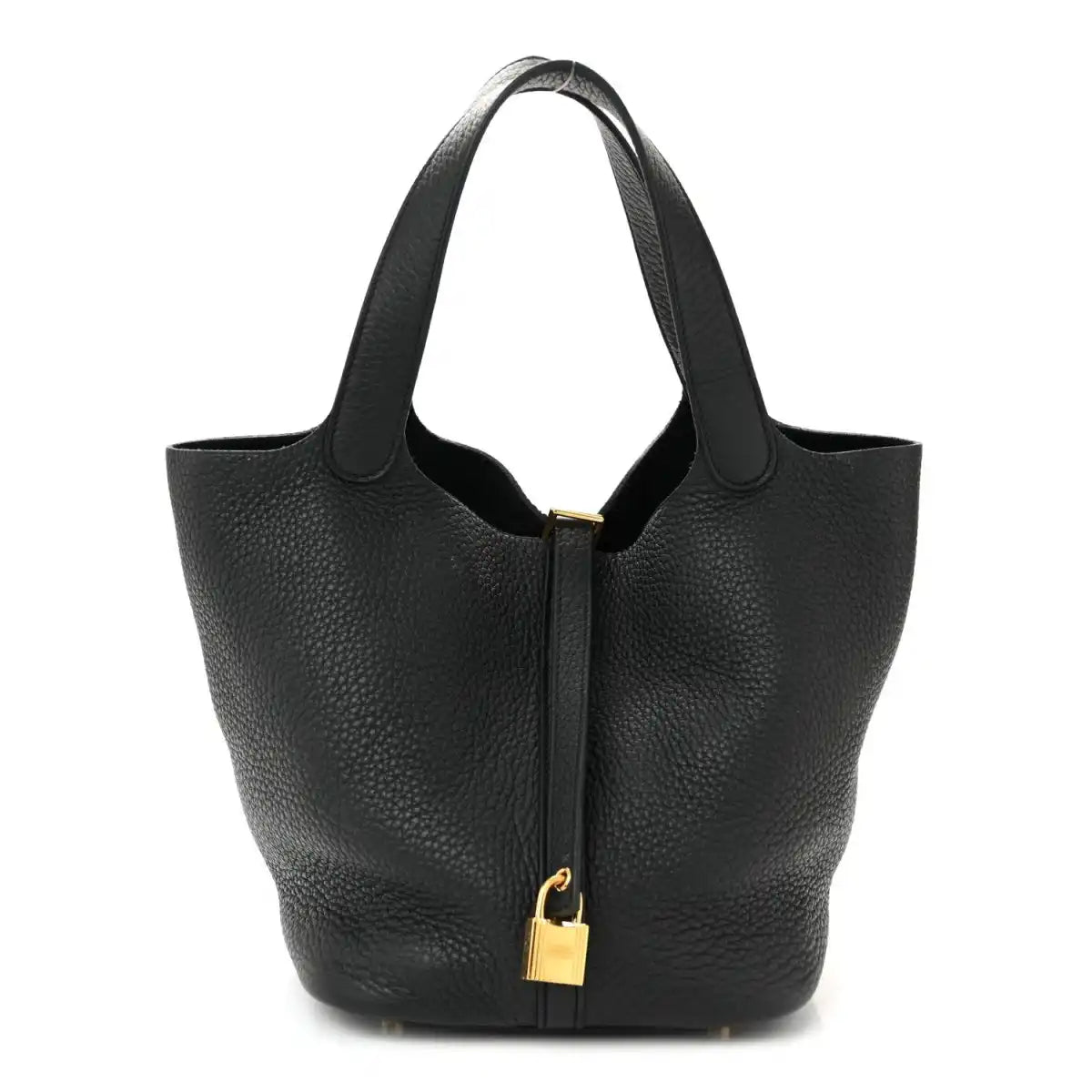 Black pebbled leather tote handbag with gold-tone lock and short handles.