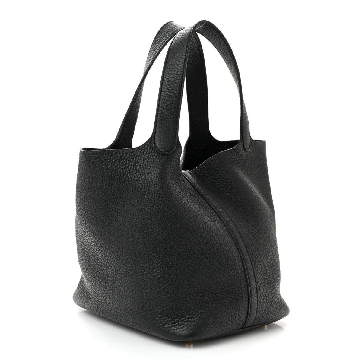Black pebbled leather tote handbag with short handles and front panel seam.