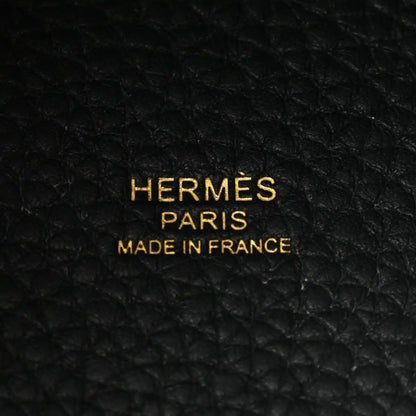 Black leather tote lining with gold 'HERMES PARIS MADE IN FRANCE' lettering.