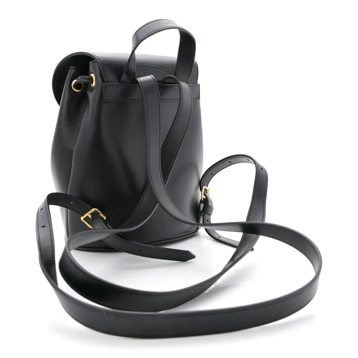 Celine Triomphe calfskin Bonnie backpack in black with adjustable shoulder straps.