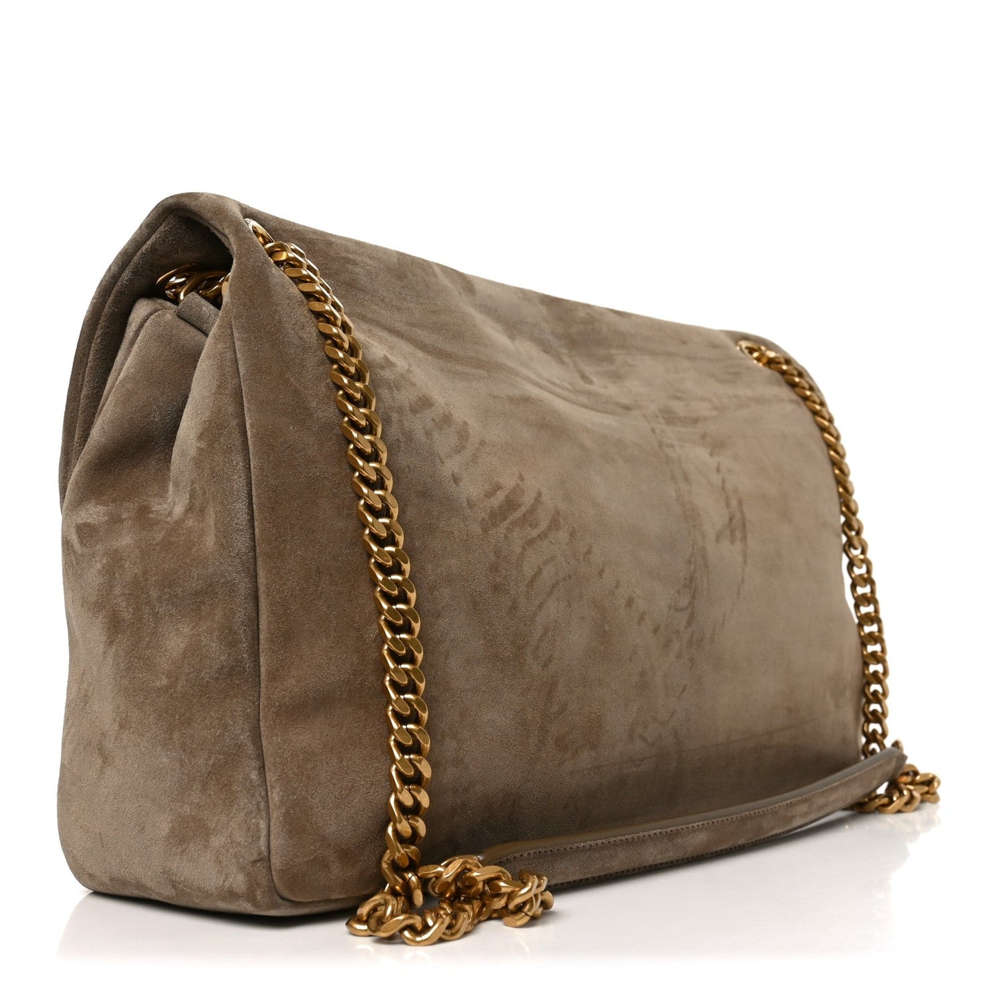 Saint Laurent Calypso suede large shoulder bag, taupe, side view with chain strap