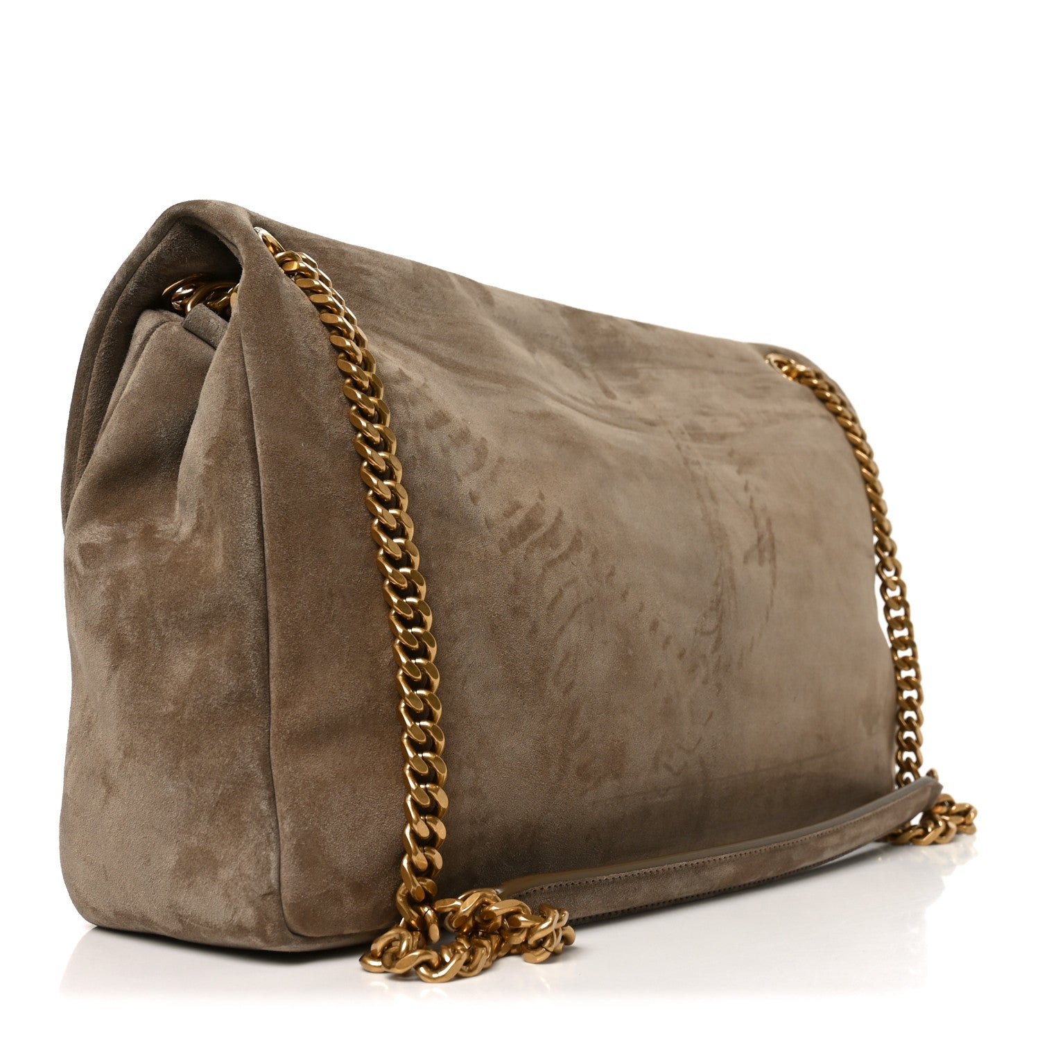 Saint Laurent Calypso suede large shoulder bag, taupe, side view with chain strap