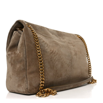 Saint Laurent Calypso suede large shoulder bag, taupe, side view with chain strap