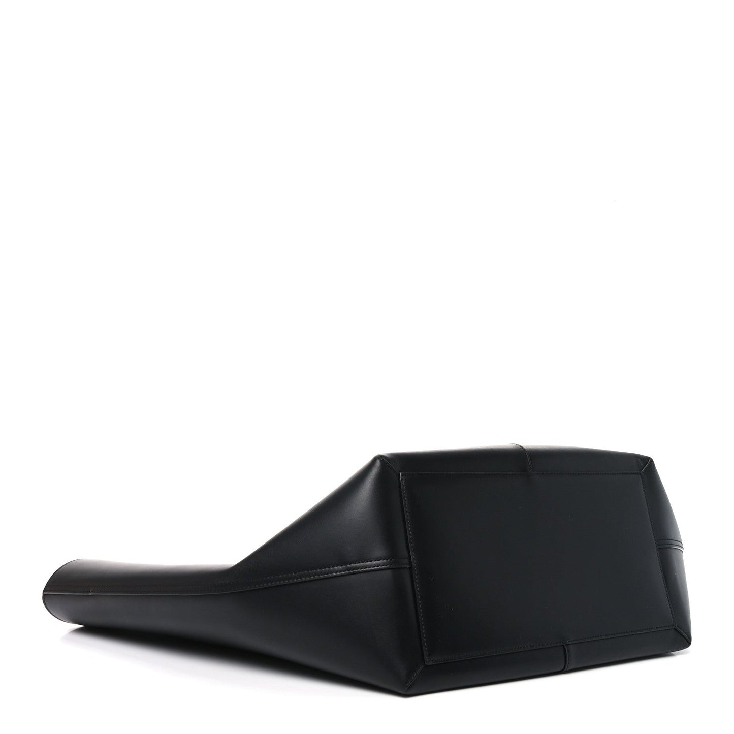 Black smooth calfskin trapezoid tote with wide base and structured sides