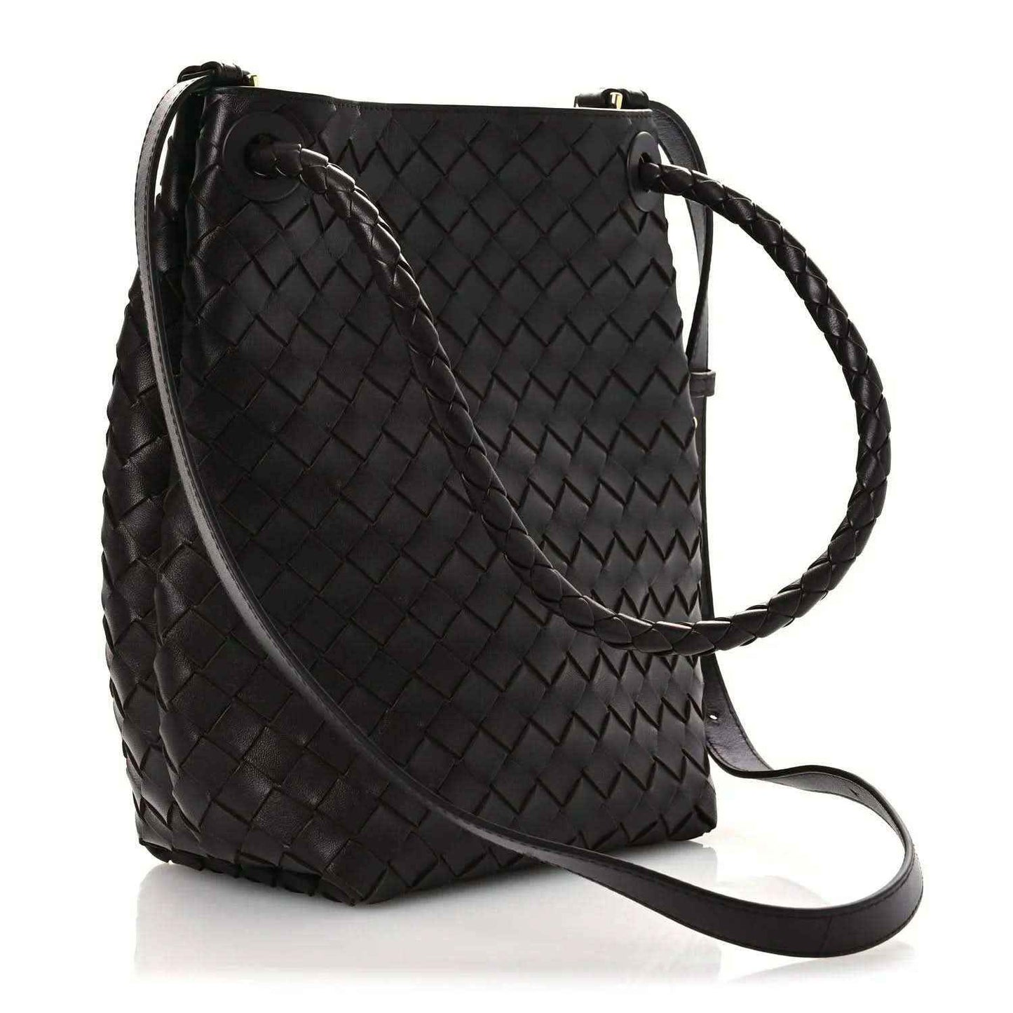 Small intrecciato nappa leather bucket bag, dark color, braided crossbody strap