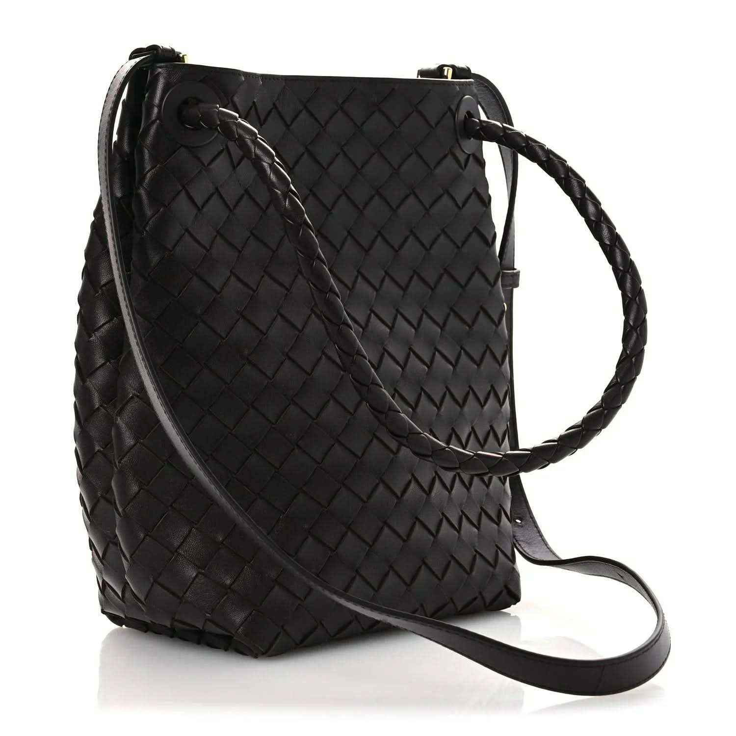 Small intrecciato nappa leather bucket bag, dark color, braided crossbody strap