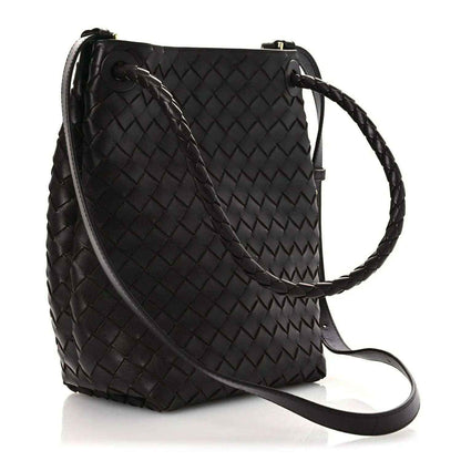 Small intrecciato nappa leather bucket bag, dark color, braided crossbody strap