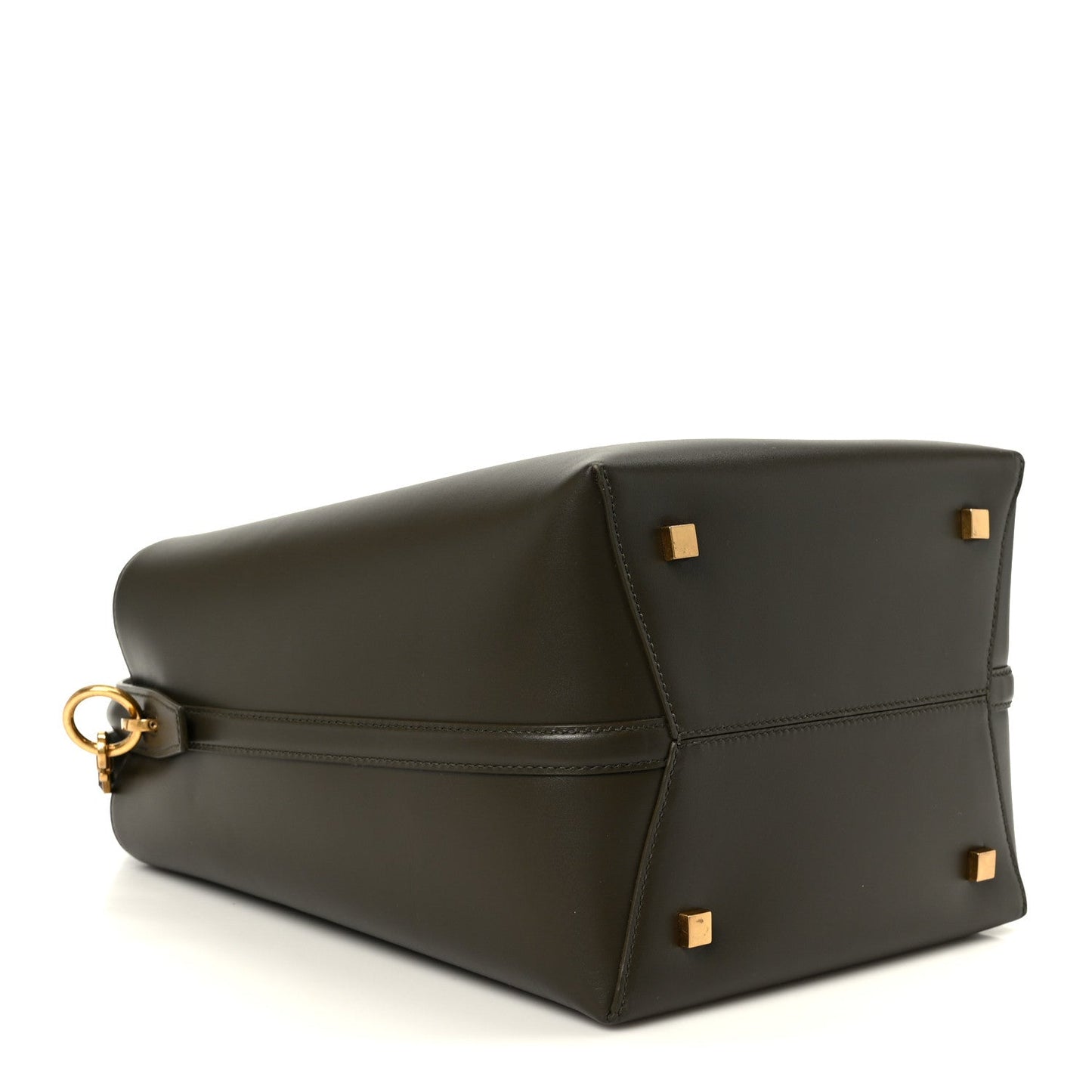 Shiny bucket bag with structured bottom and gold clasp hardware, dark leather.