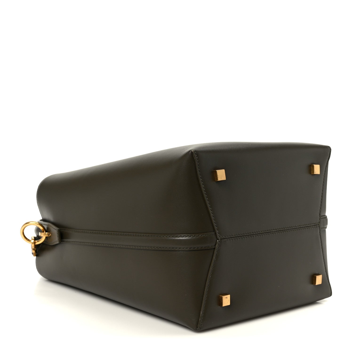 Shiny bucket bag with structured bottom and gold clasp hardware, dark leather.