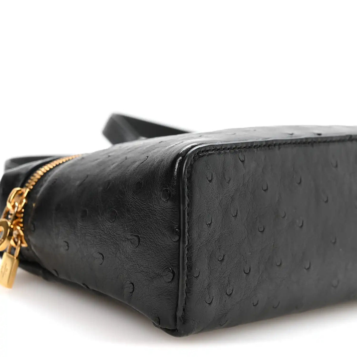 Black ostrich pocket pouch end view with gold-tone zipper and handle tab