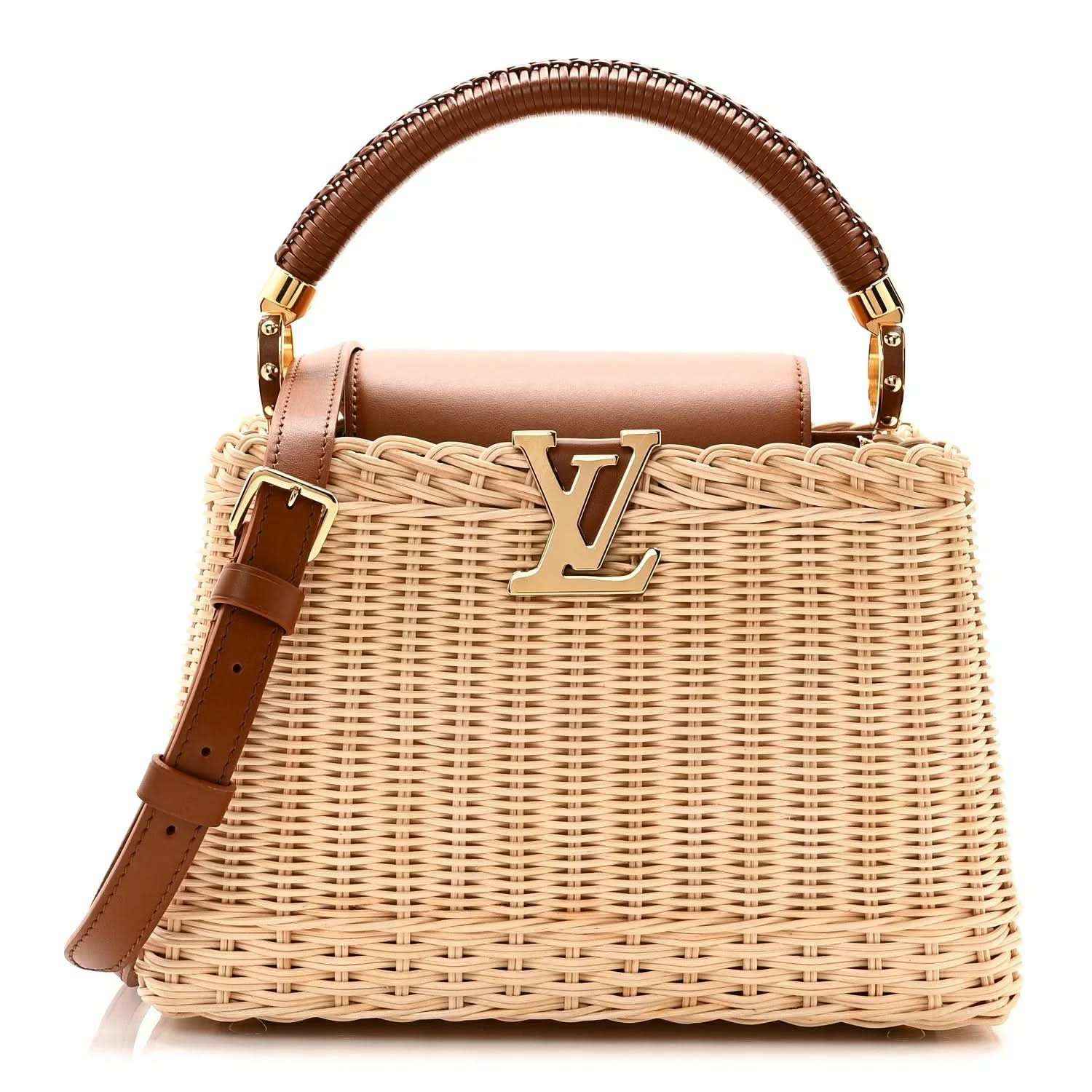 Rattan calfskin handbag in tan with brown leather handles and gold LV logo on front