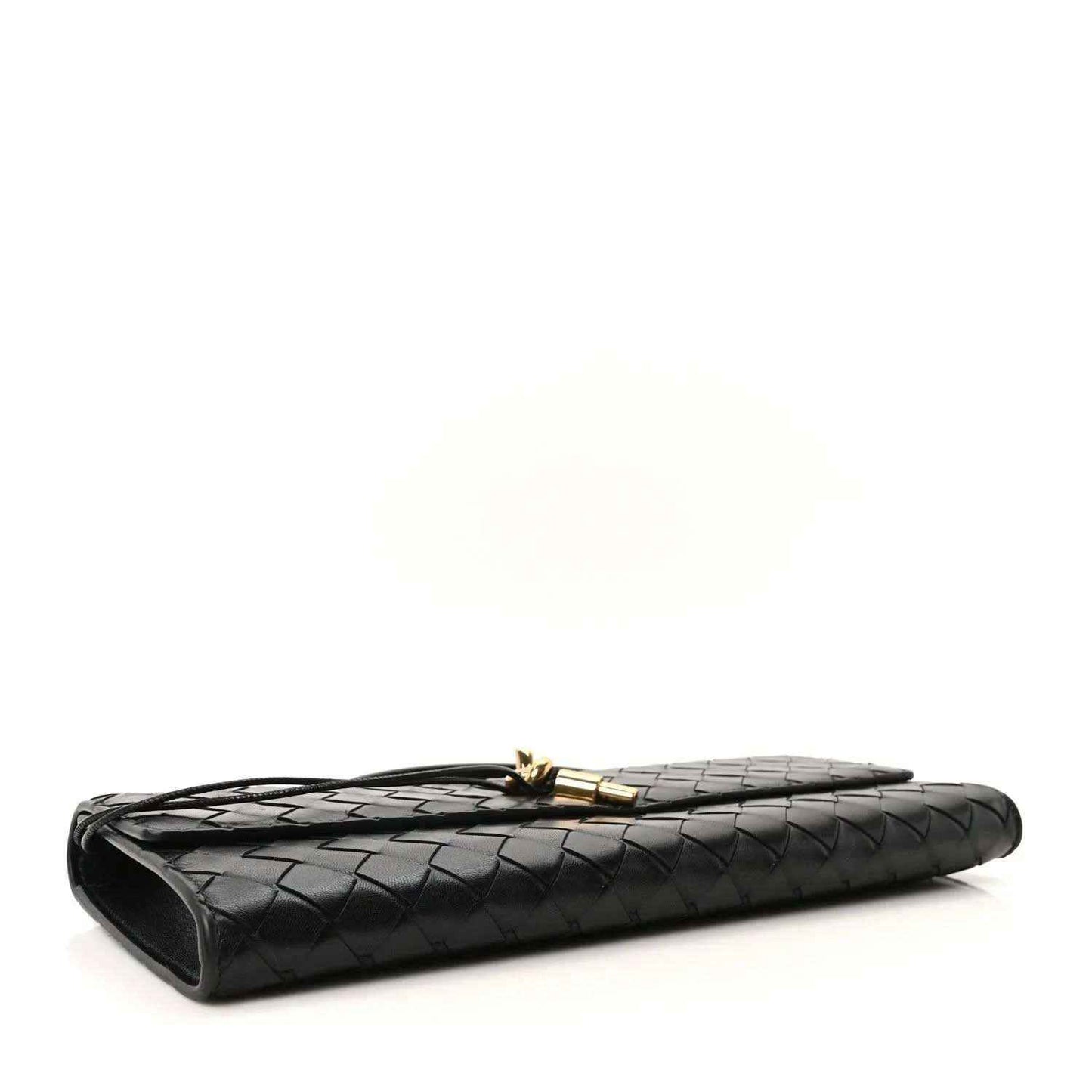 Black woven leather clutch with gold clasp and curved side edge