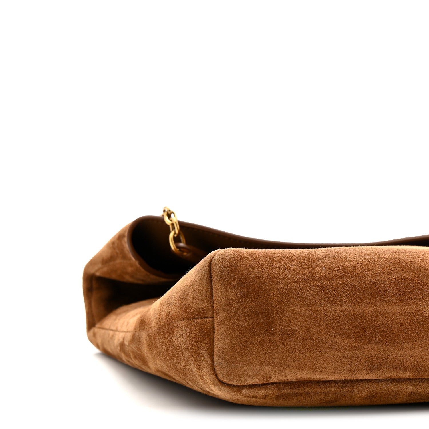 Caramel suede pouch on chain bag with gold chain and open top view