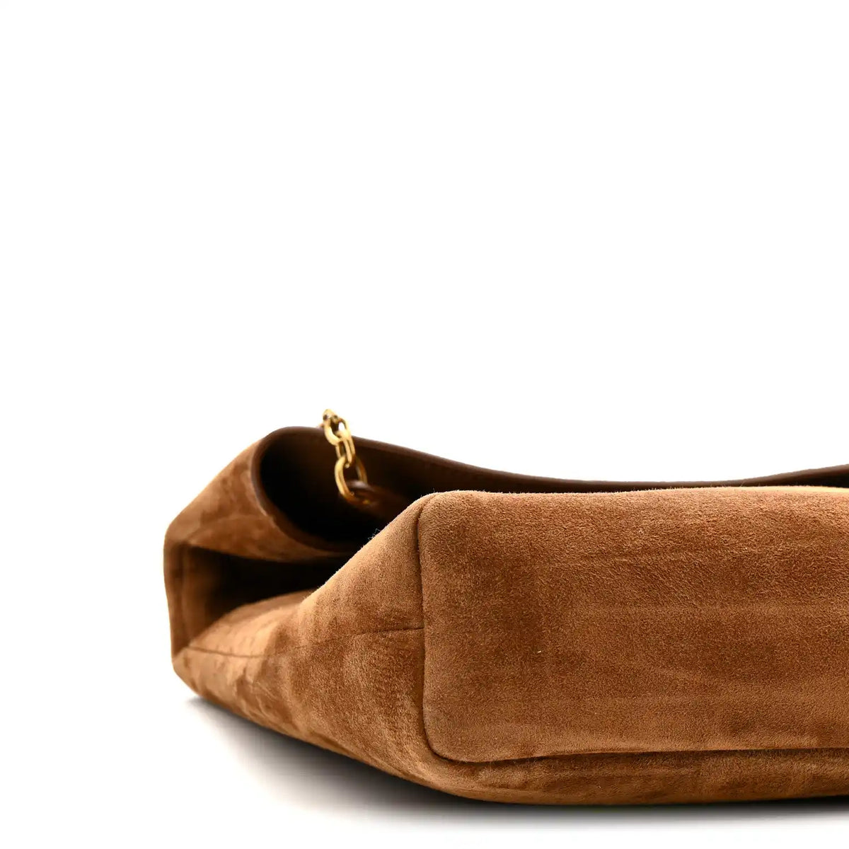 Caramel suede pouch on chain bag with gold chain and open top view