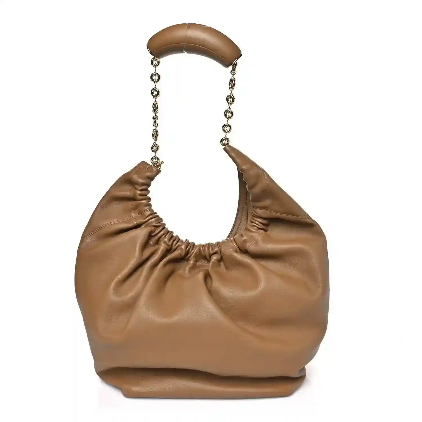 Loewe Mellow leather small shoulder bag with chain strap and ruched top, oak brown