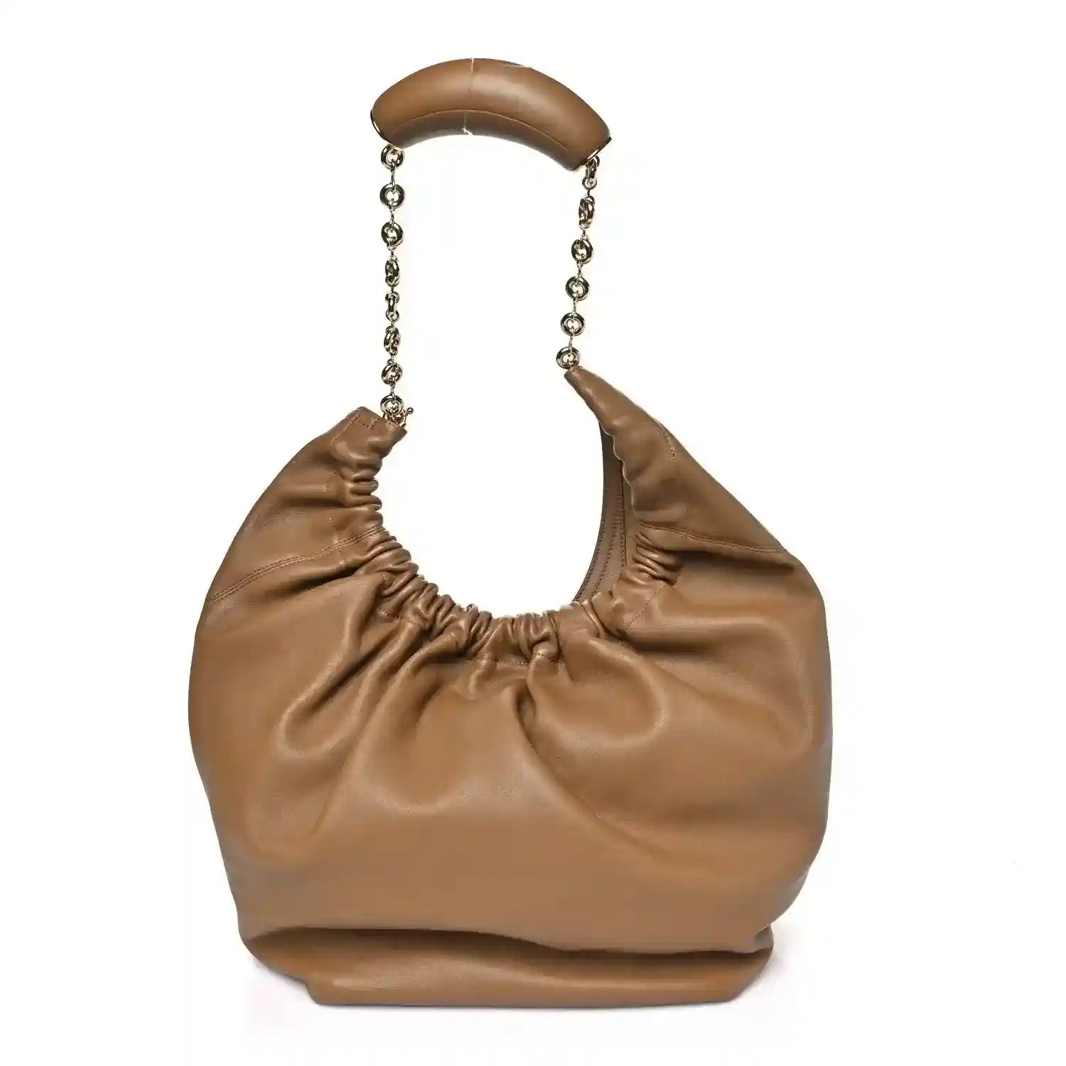 Loewe Mellow leather small shoulder bag with chain strap and ruched top, oak brown
