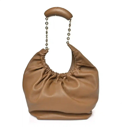Loewe Mellow leather small shoulder bag with chain strap and ruched top, oak brown