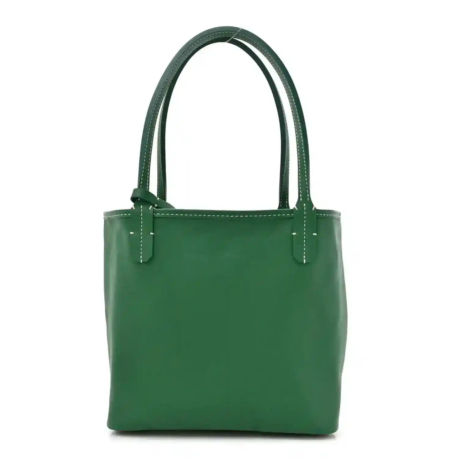 Green reversible tote bag front view with smooth coated canvas and top handles