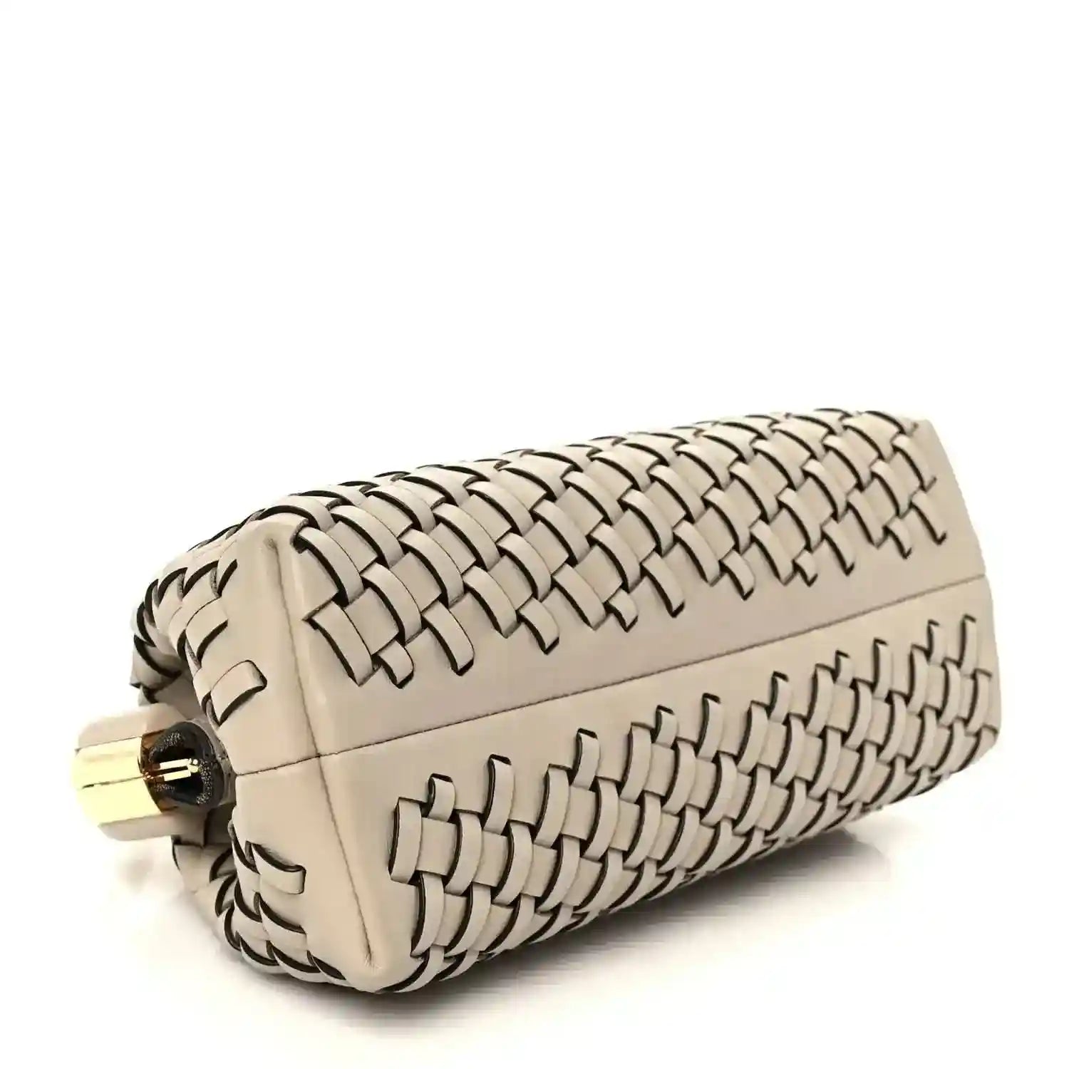 Ivory woven leather clutch with gold-tone ring clasp and structured top