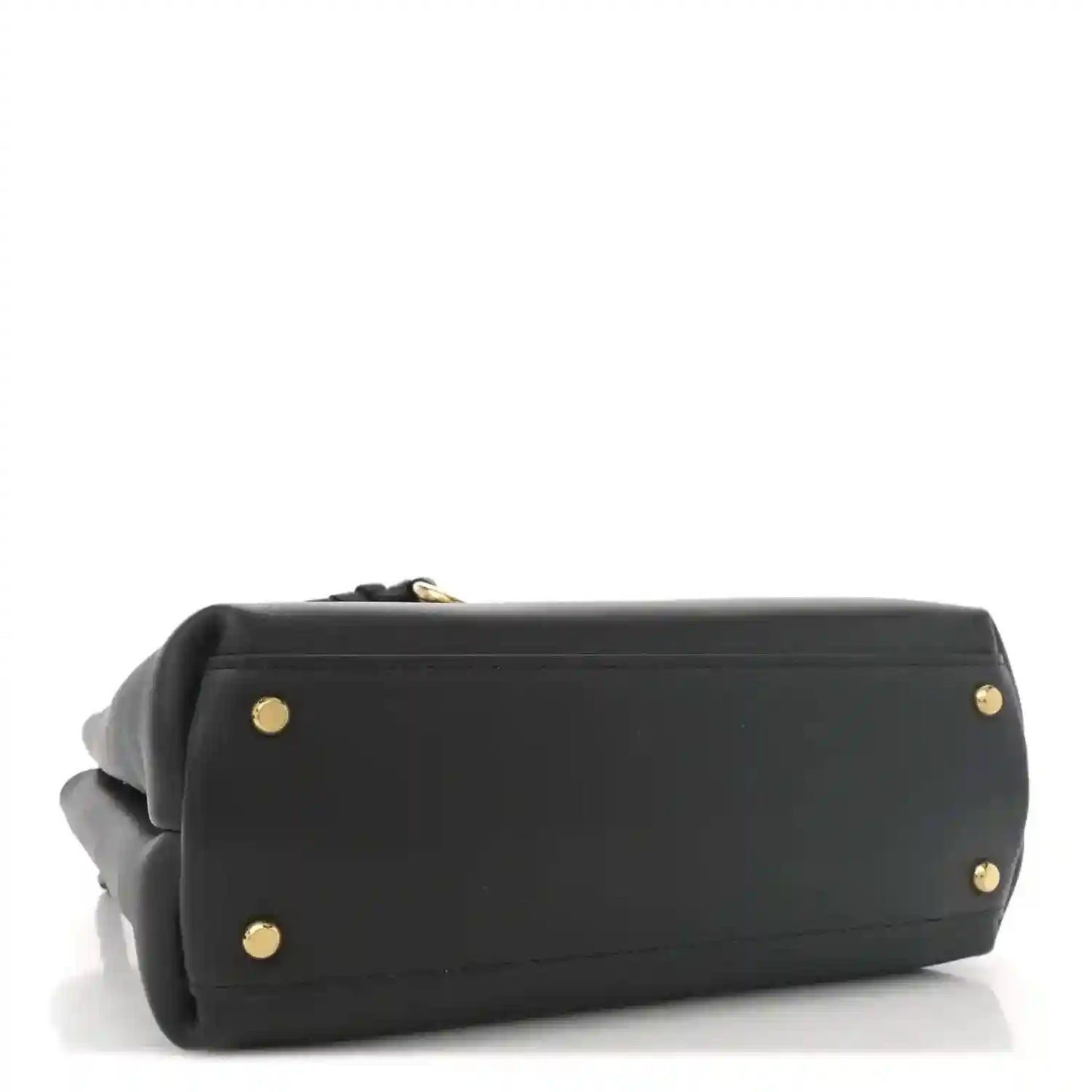 Black small shoulder bag with flat base and gold-tone hardware feet.