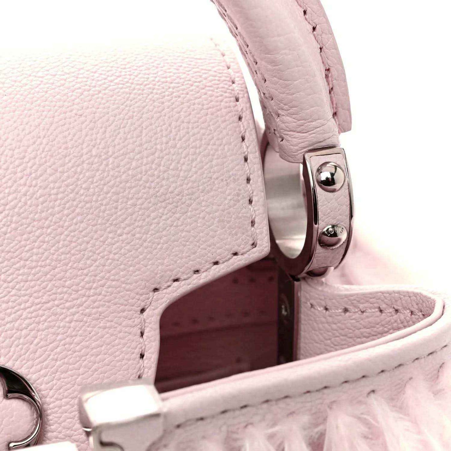 Louis Vuitton mini top-handle bag, pale pink pebbled leather with metal clasp detail