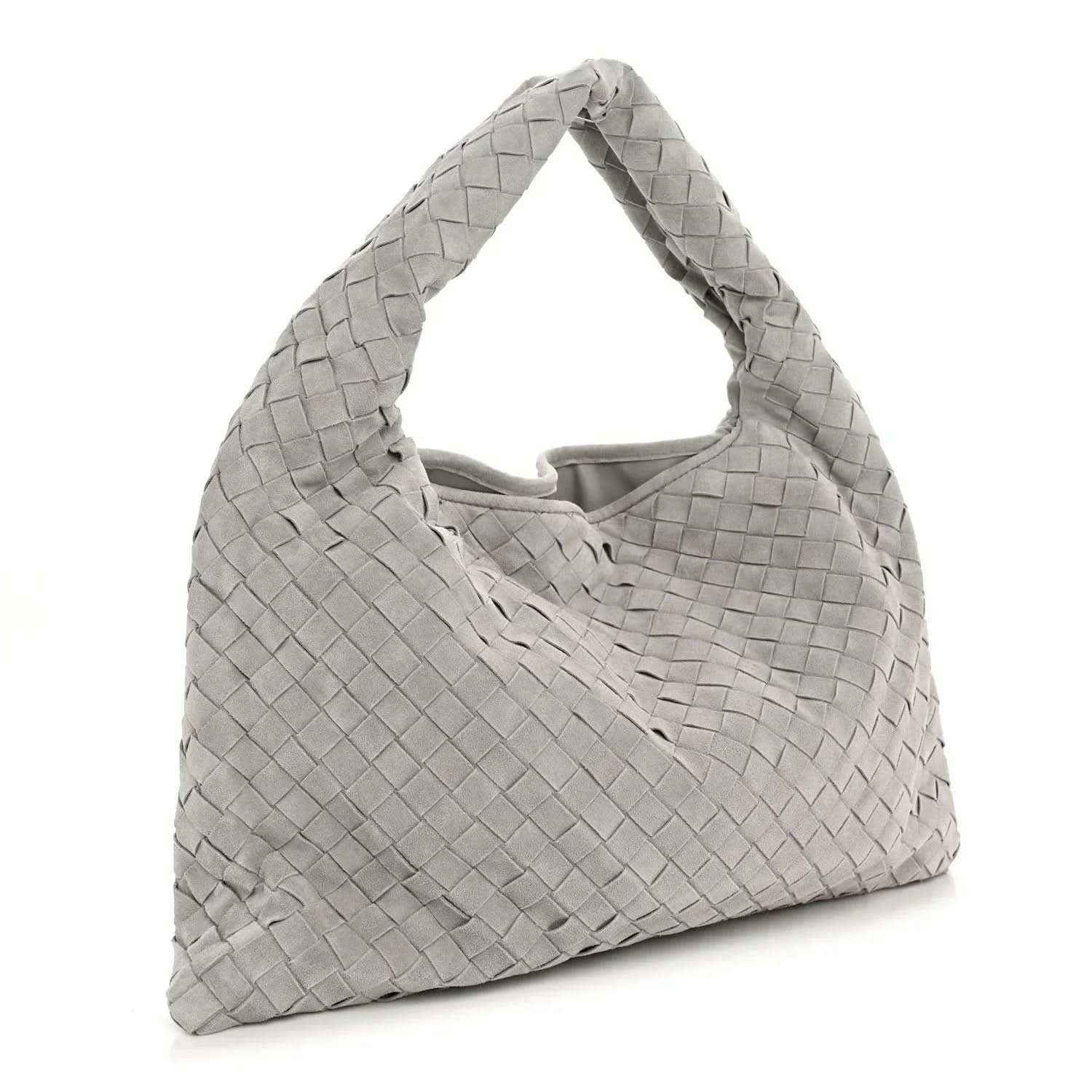 Small hobo bag in sterling grey suede with intrecciato weave, slouchy top handle