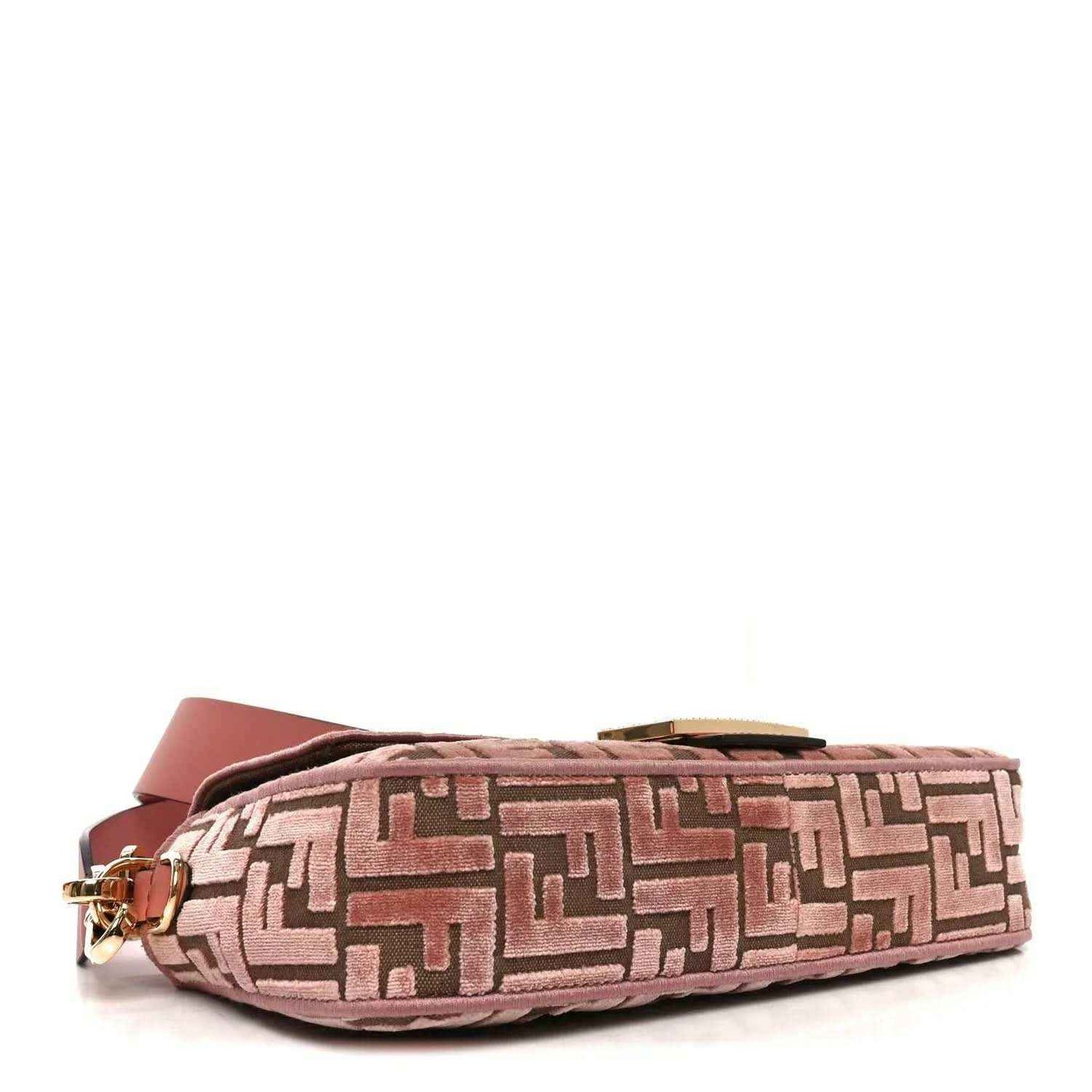 Pink velvet jacquard baguette bag bottom corner with gold-tone hardware