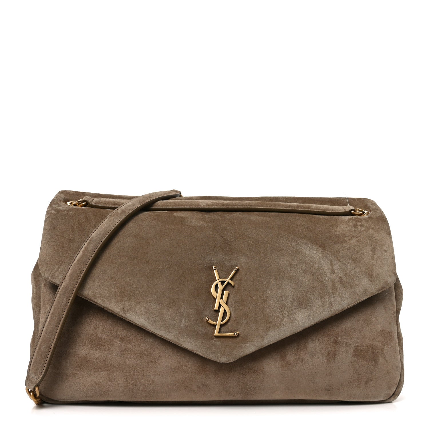 Saint Laurent Calypso suede large shoulder bag, taupe, flap with YSL logo