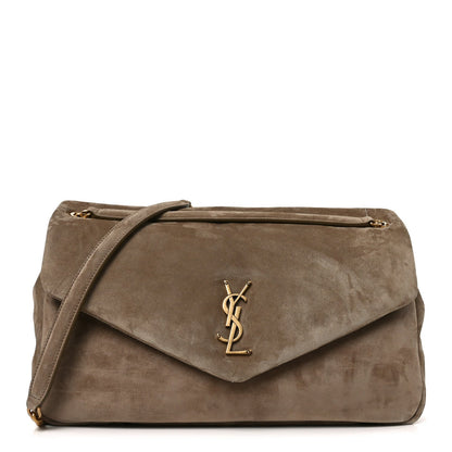 Saint Laurent Calypso suede large shoulder bag, taupe, flap with YSL logo
