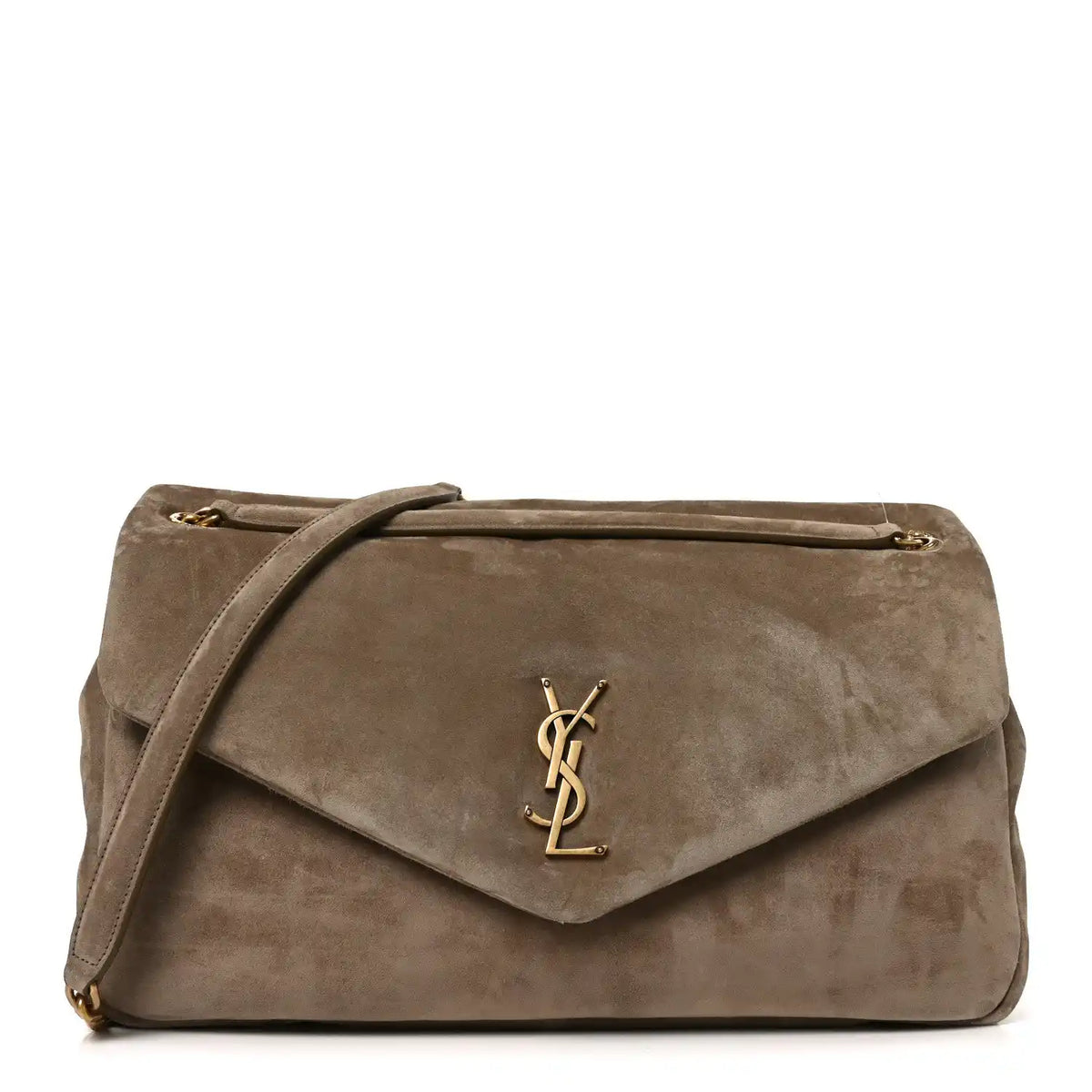 Saint Laurent Calypso suede large shoulder bag, taupe, flap with YSL logo