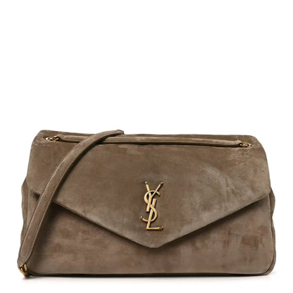 Saint Laurent Calypso suede large shoulder bag, taupe, flap with YSL logo