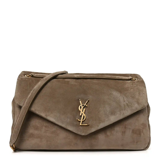 Saint Laurent Calypso suede large shoulder bag, taupe, flap with YSL logo