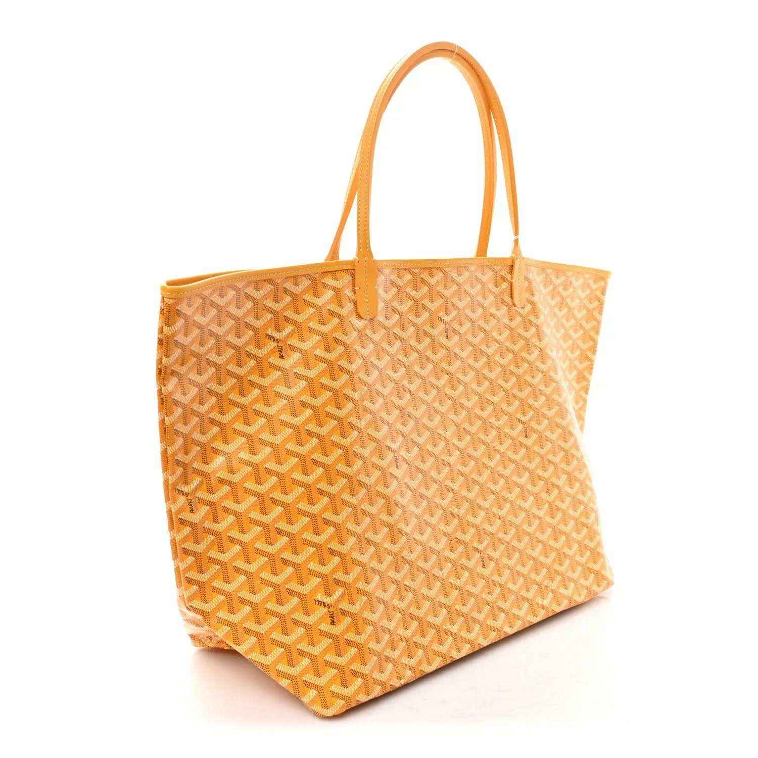 Yellow canvas tote bag with Goyardine pattern, structured rectangular shape