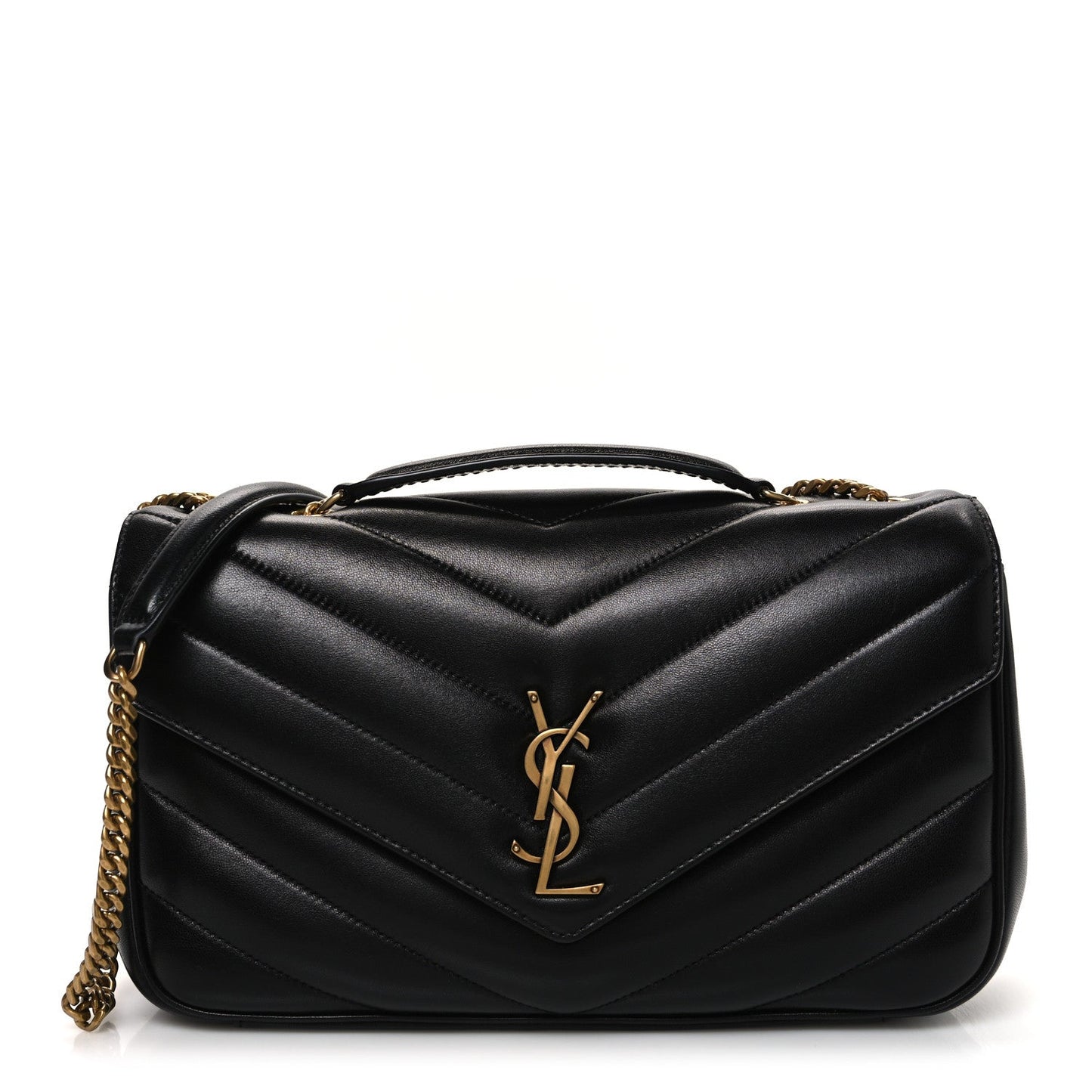 Black chevron quilted shoulder bag with gold YSL logo and chain strap