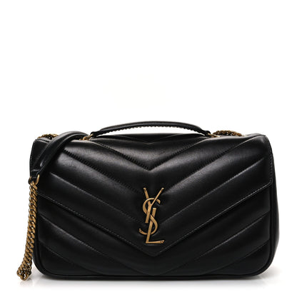 Black chevron quilted shoulder bag with gold YSL logo and chain strap