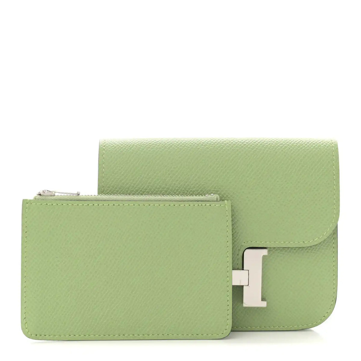 Light green slim wallet with H clasp and attached cardholder, front view