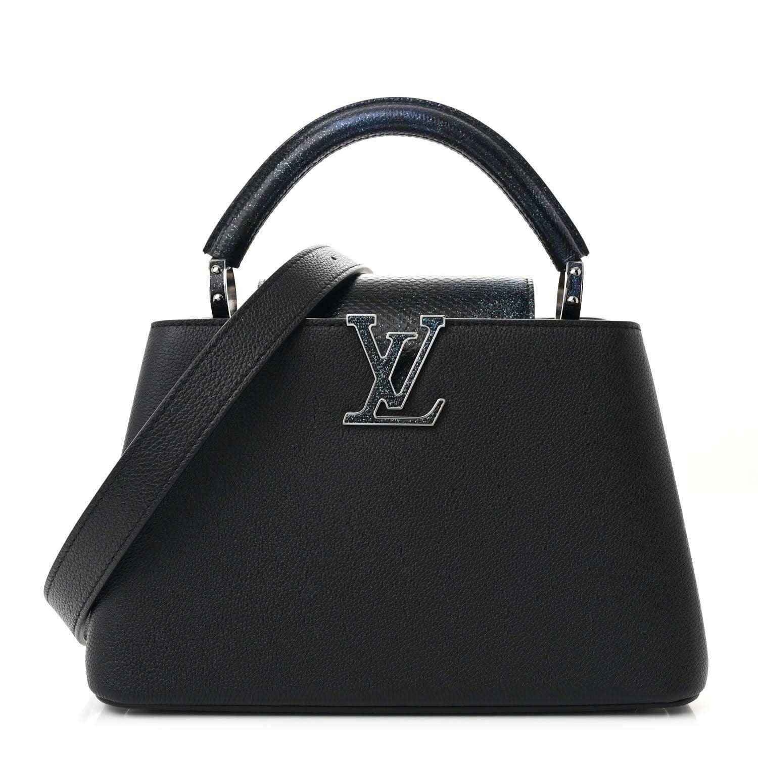 Black leather top-handle handbag with LV logo front and structured trapezoid shape