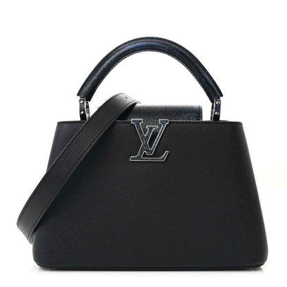 Black leather top-handle handbag with LV logo front and structured trapezoid shape
