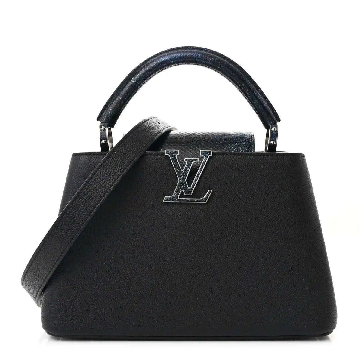 Black leather top-handle handbag with LV logo front and structured trapezoid shape