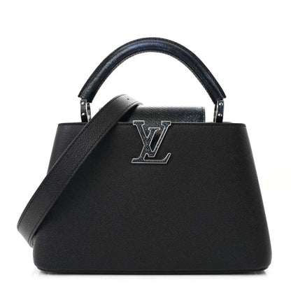 Black leather top-handle handbag with LV logo front and structured trapezoid shape