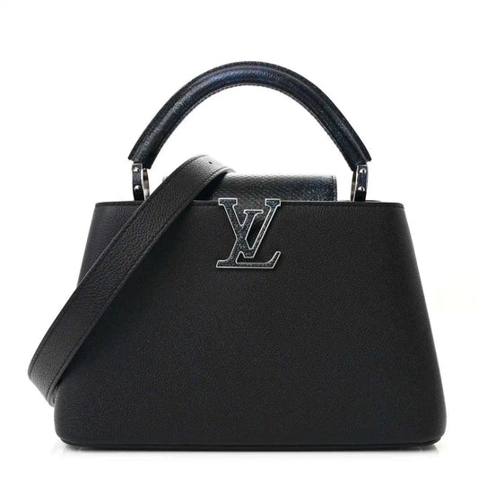 Black leather top-handle handbag with LV logo front and structured trapezoid shape