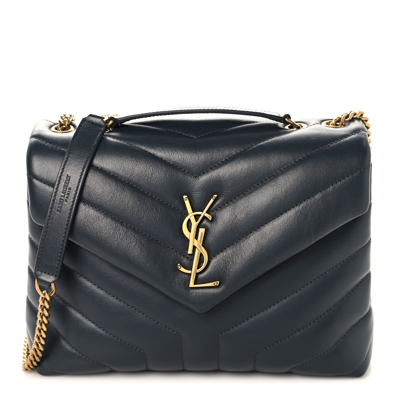 Saint Laurent quilted leather satchel with YSL logo and gold chain strap, dark blue